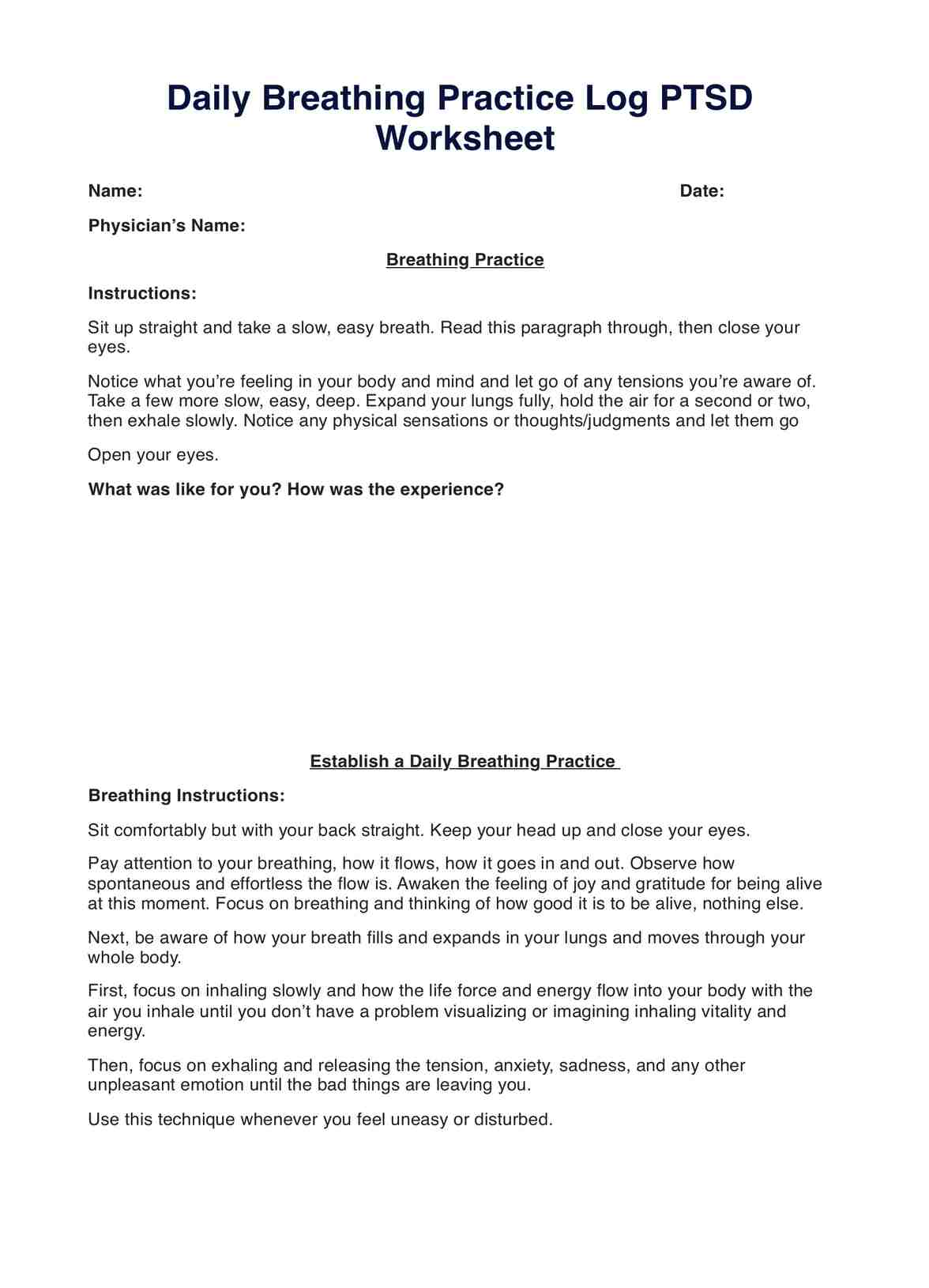 Daily Breathing Practice Log PTSD Worksheet PDF Example