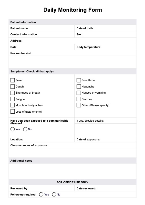 Hoja de monitoreo diario de COVID-19 para profesionales de la salud PDF Example