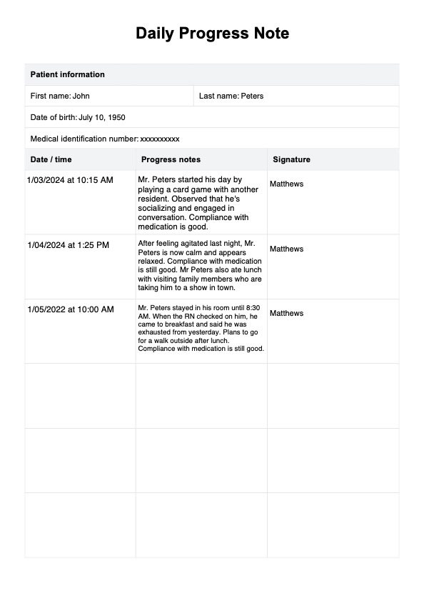 Modèle de note d'avancement quotidienne PDF Example