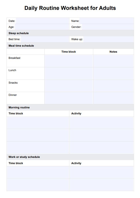 Hoja de ejercicios de rutina diaria para adultos PDF Example