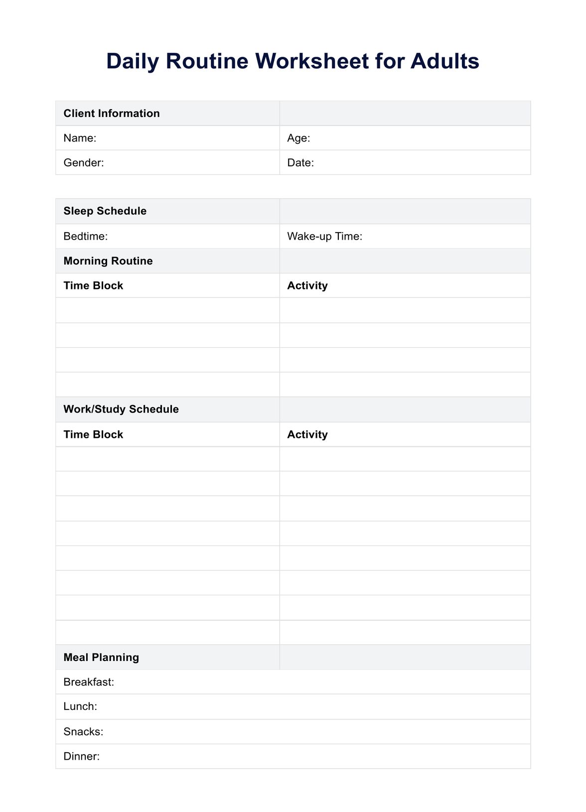 What is a Daily Routine Worksheet for Adults? PDF Example