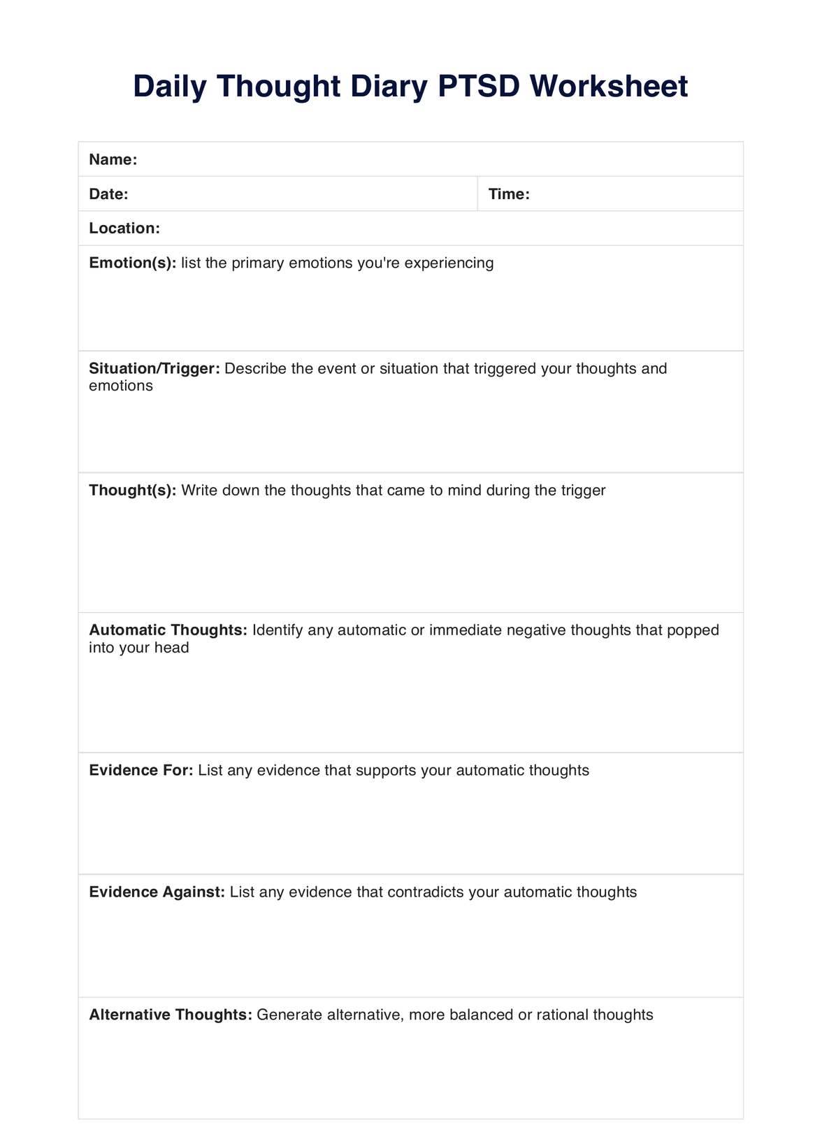 Daily Thought Diary PTSD Worksheets PDF Example
