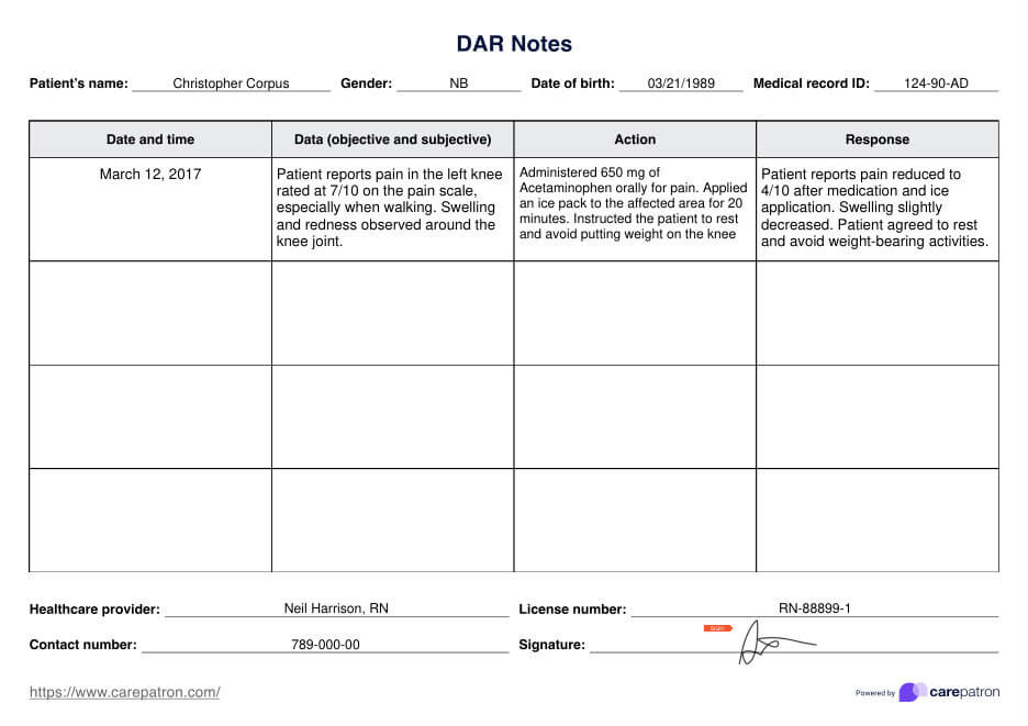 Nota de DAR (datos, acción y respuesta) PDF Example