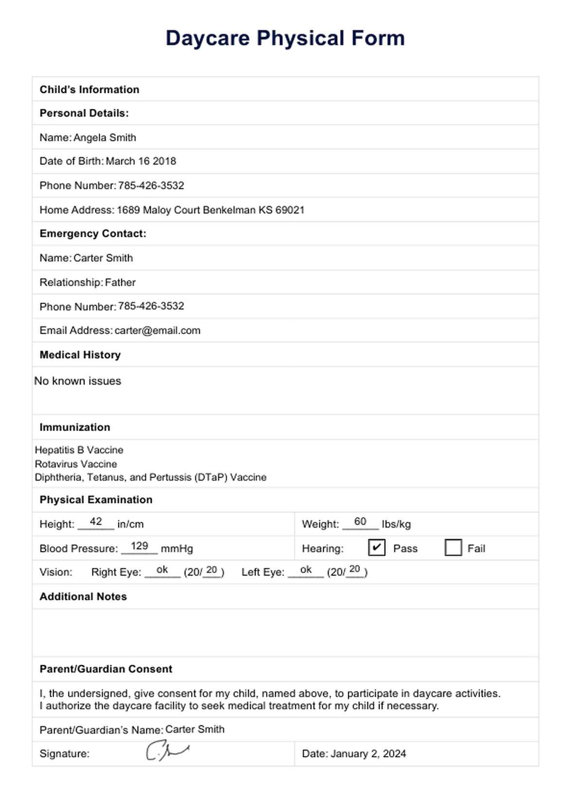 Daycare Physical Form PDF Example