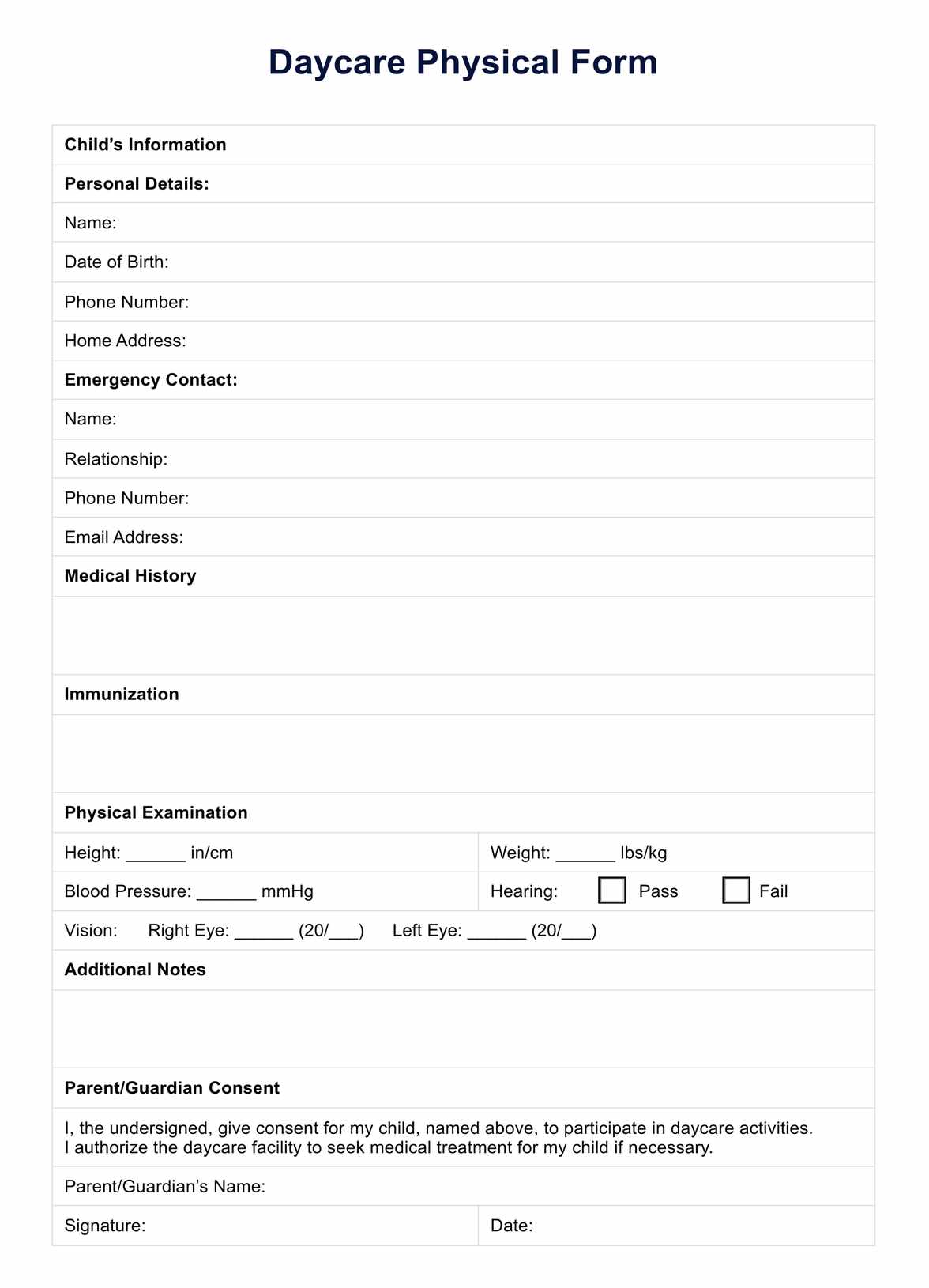 Daycare Physical Form PDF Example