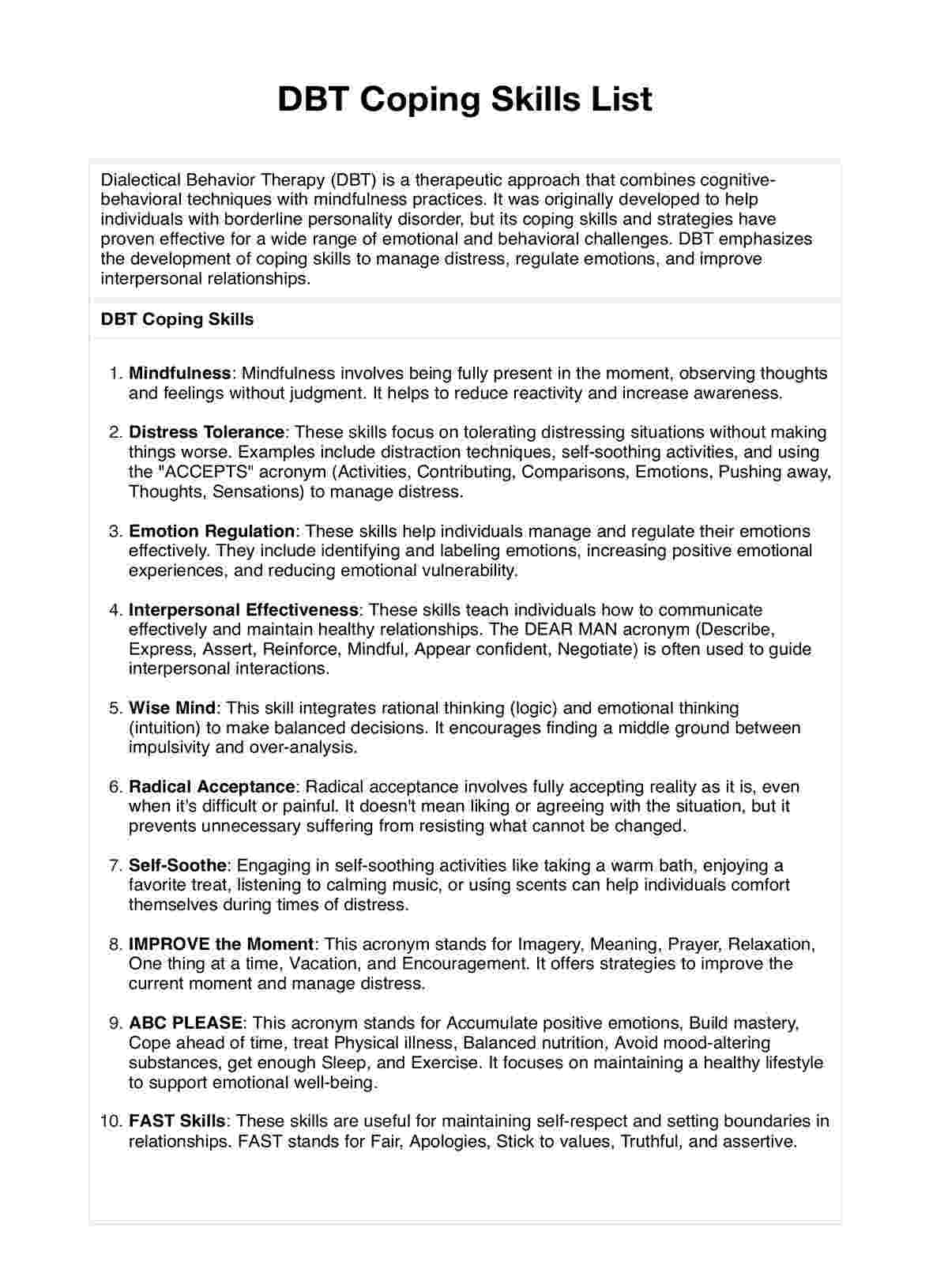 DBT Coping Skills List PDF Example