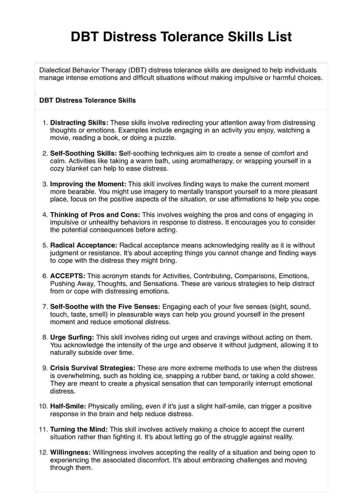 DBT Distress Tolerance Skills List PDF Example