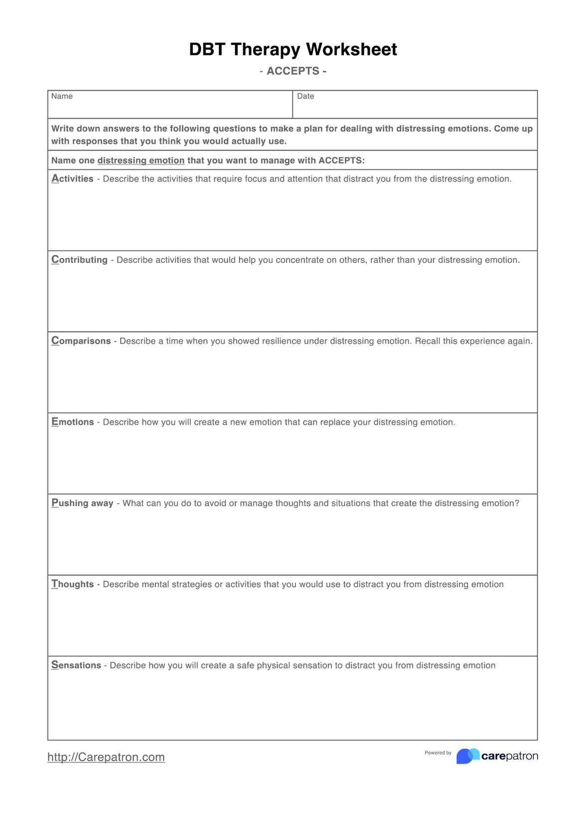 DBT Therapy Worksheet PDF Example