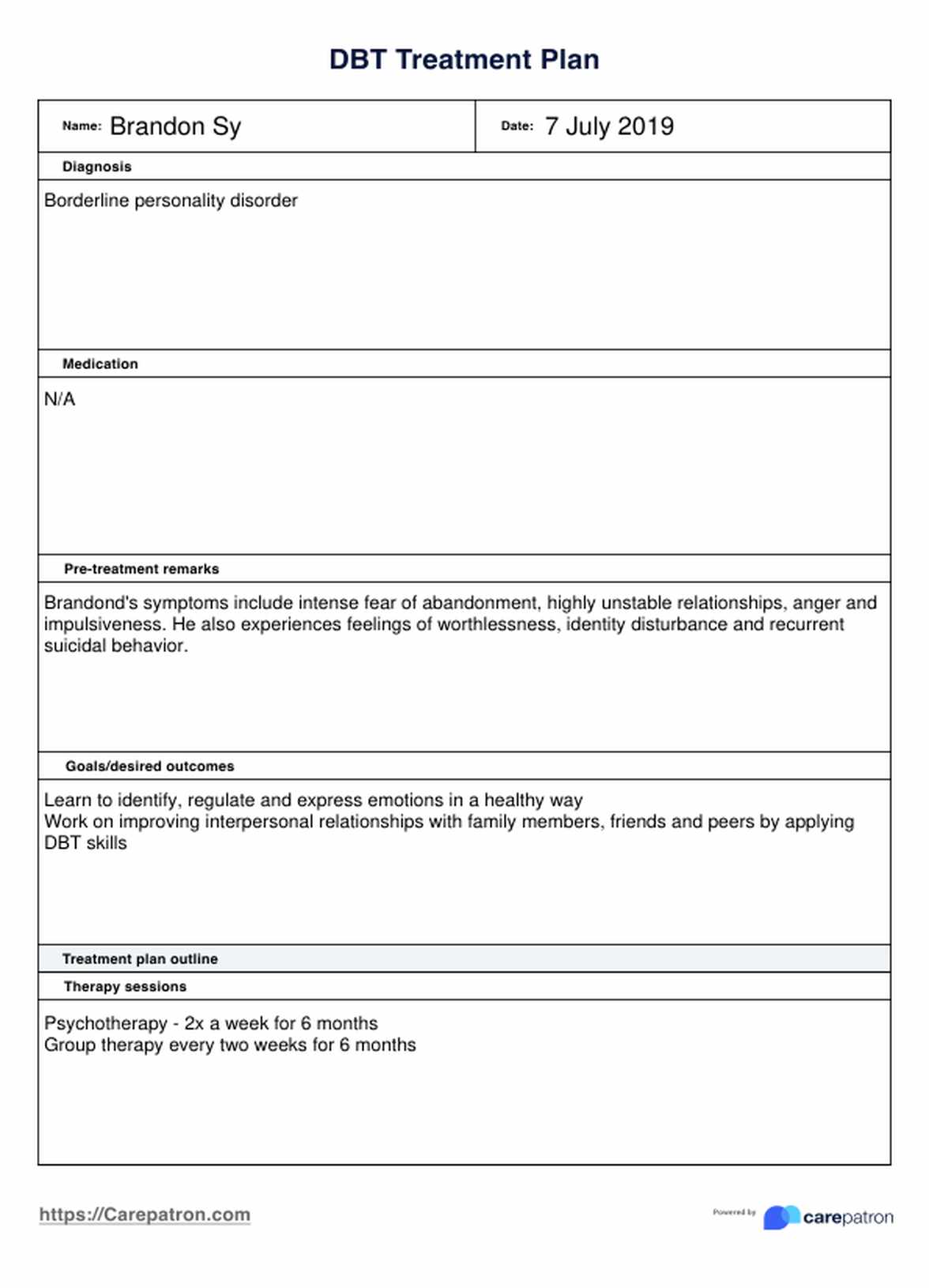 DBT Treatment Plan PDF Example