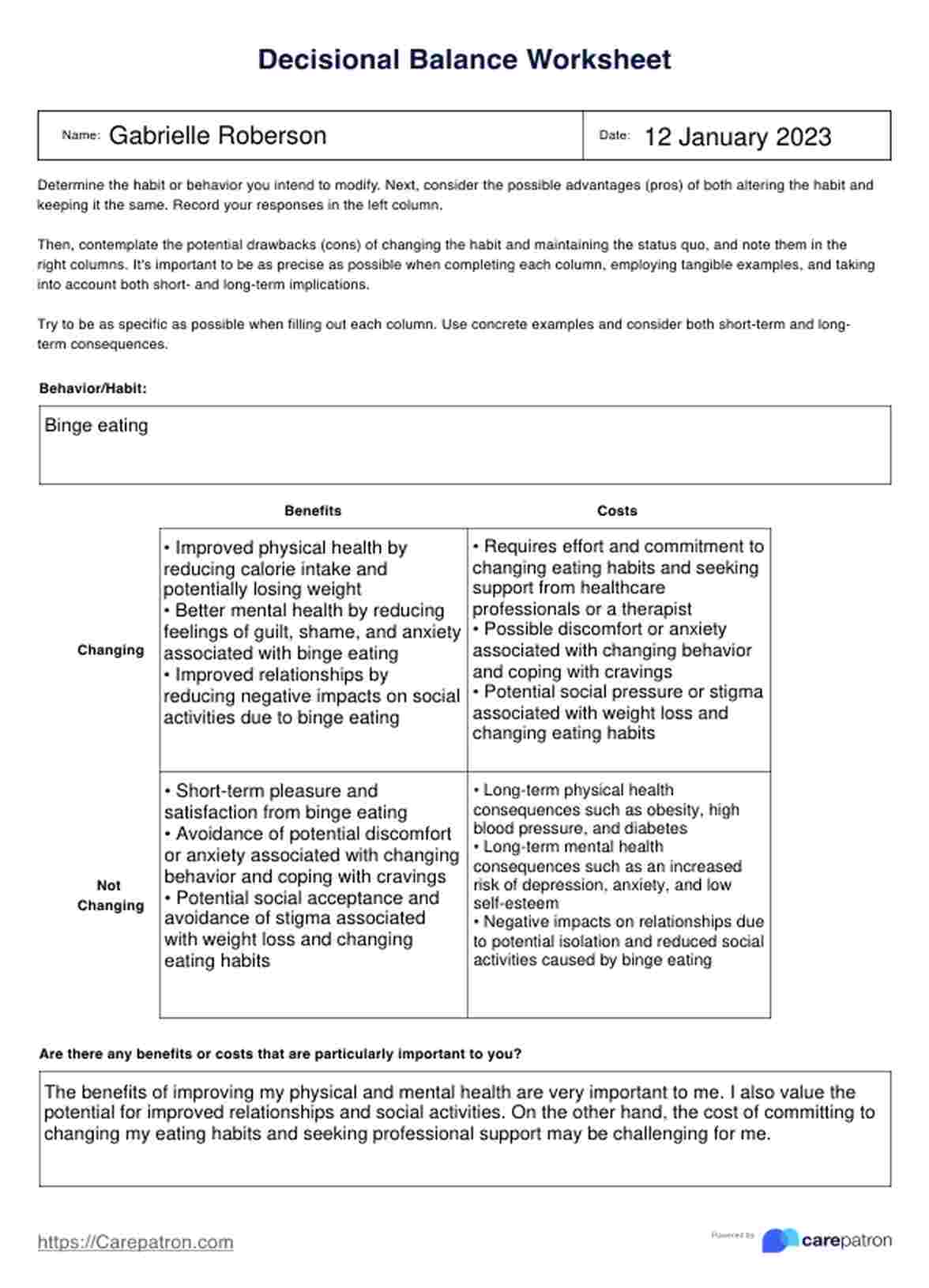 Decisional Balance Worksheet PDF Example