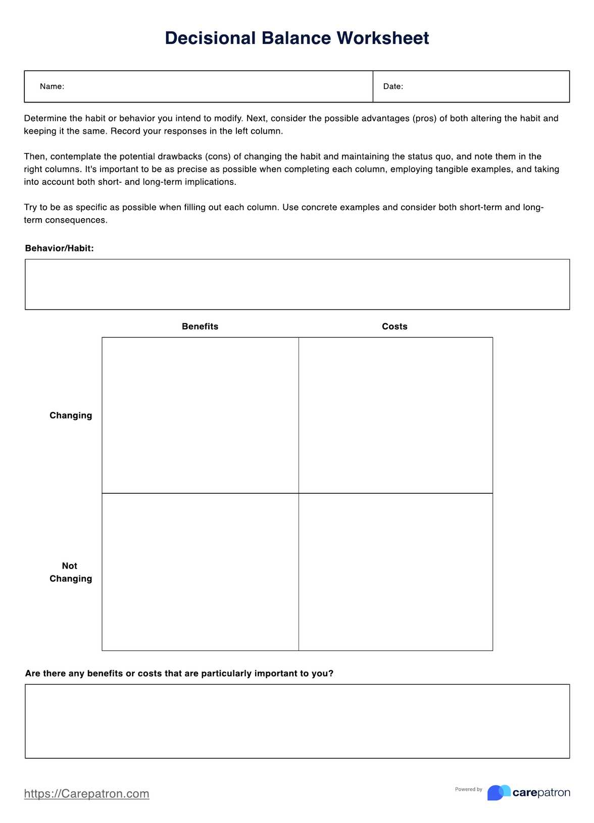 Decisional Balance Worksheet PDF Example