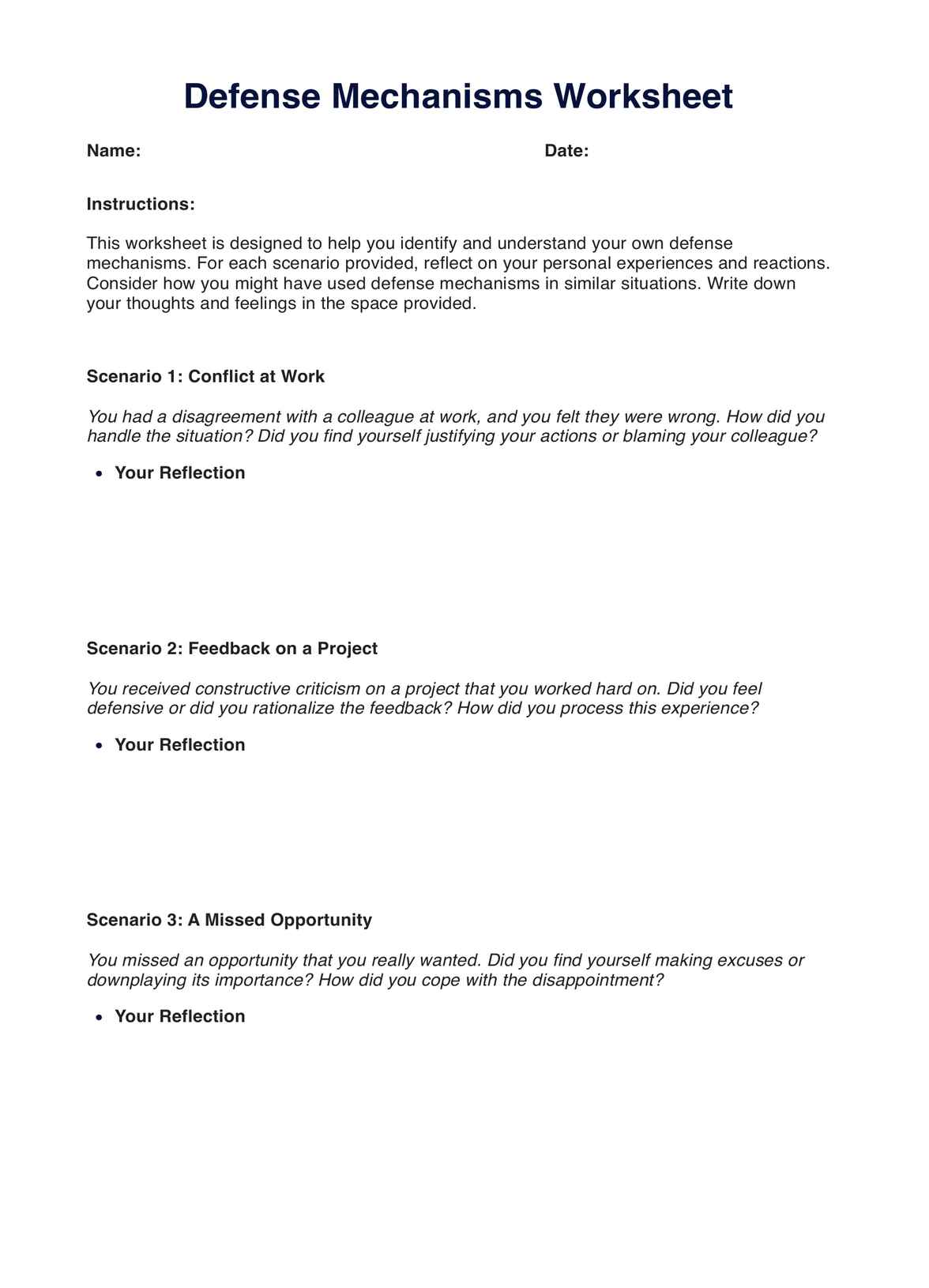 Defense Mechanisms Worksheet PDF Example