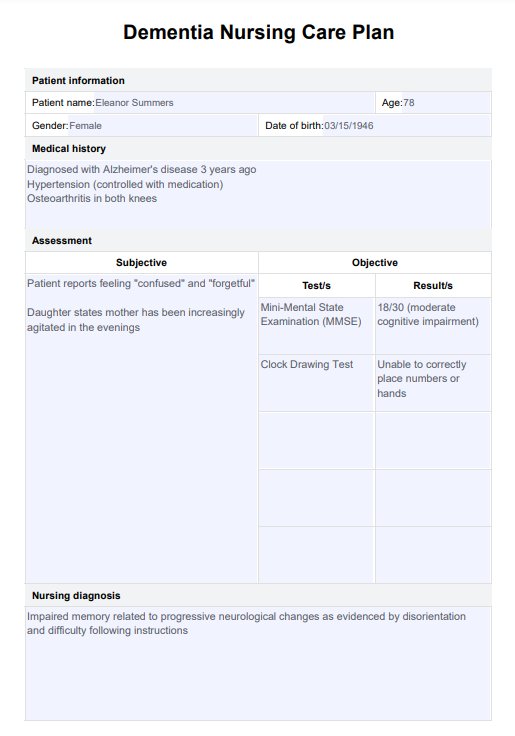 Dementia Nursing Care Plan PDF Example