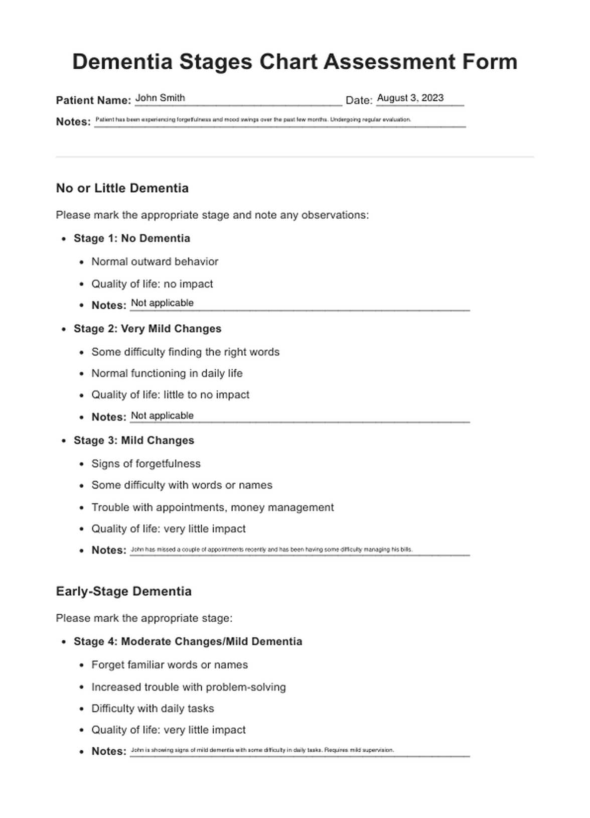 Dementia Stages Chart PDF Example