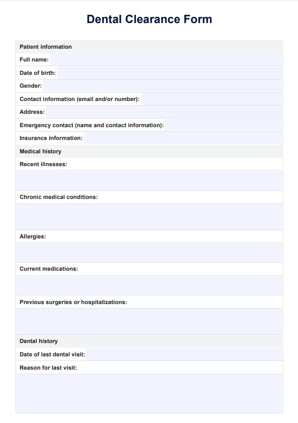 Dental Clearance Form PDF Example