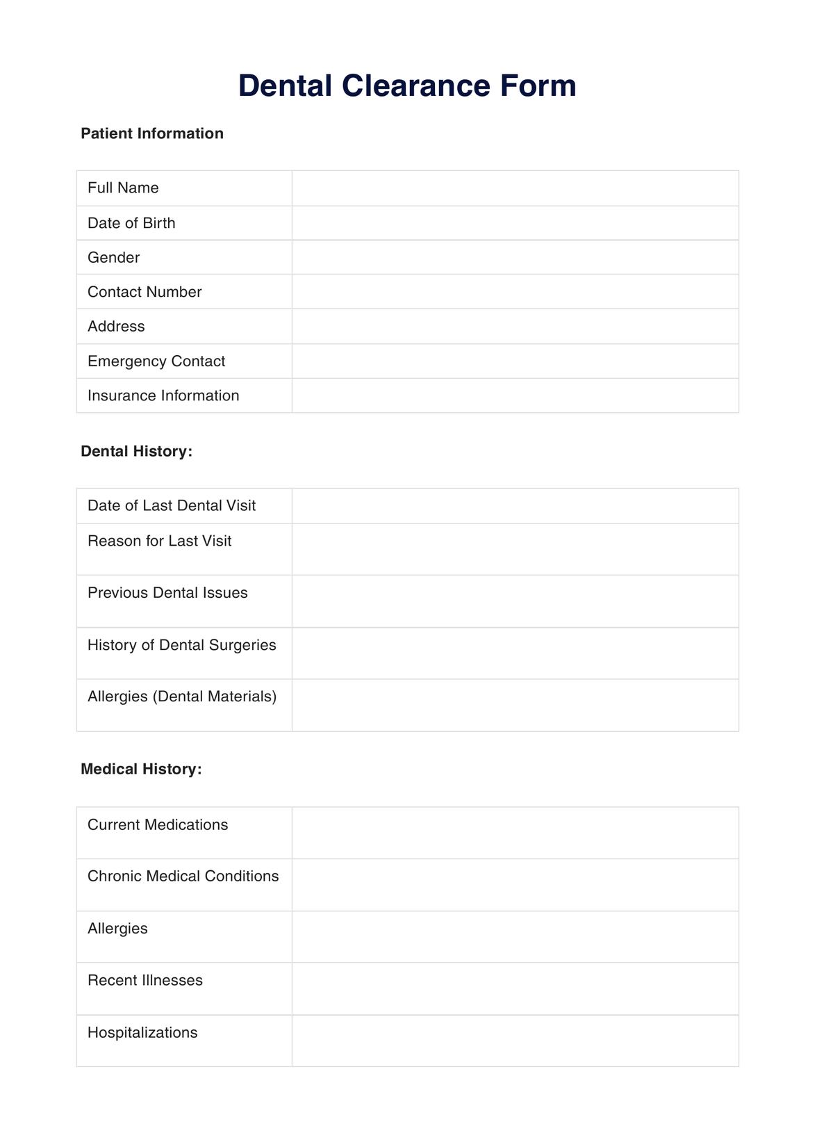 Dental Clearance Form PDF Example