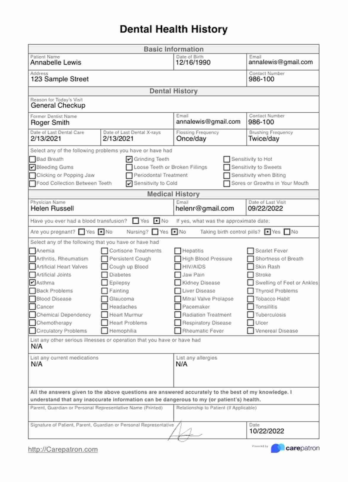 Dental Health History Form And Template Free Pdf Download