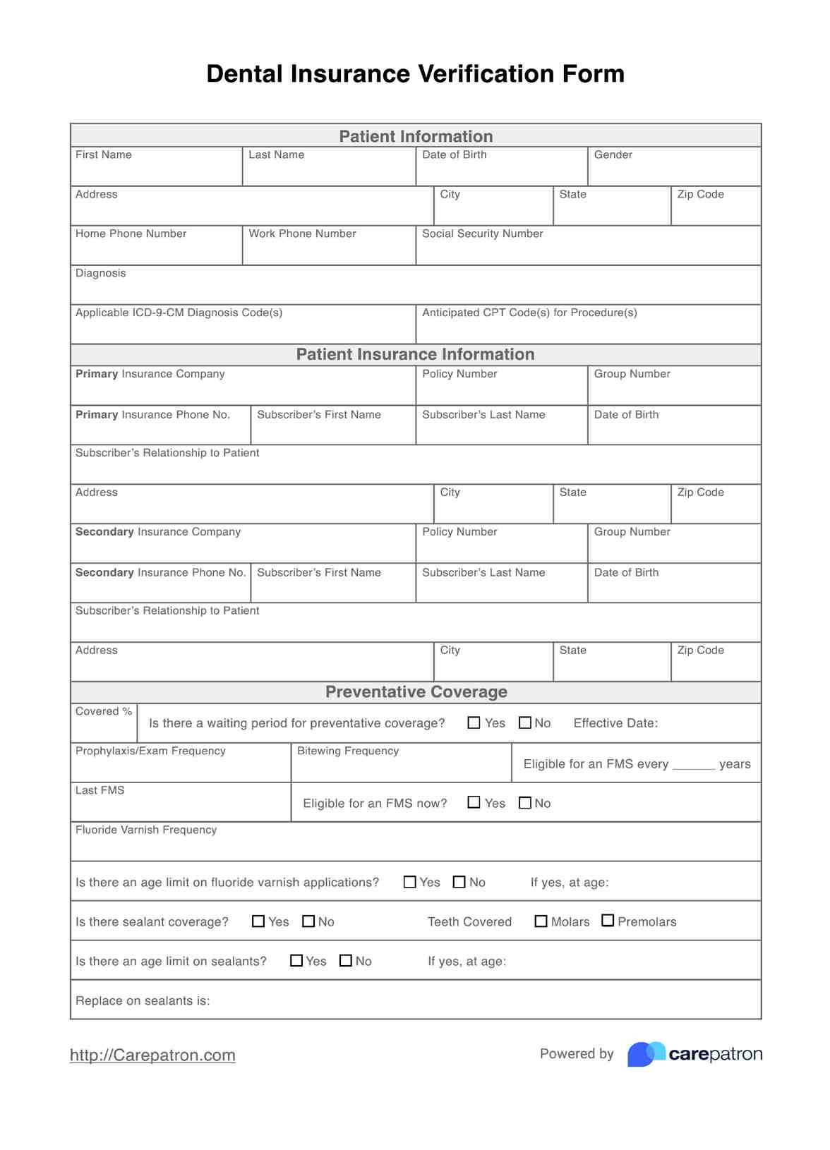Dental Insurance Verification Form PDF Example