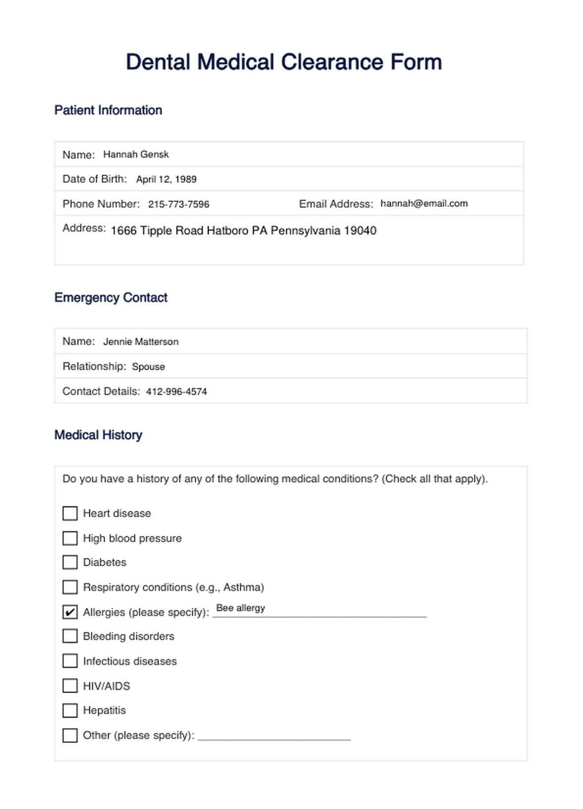 Dental Medical Clearance Form PDF Example