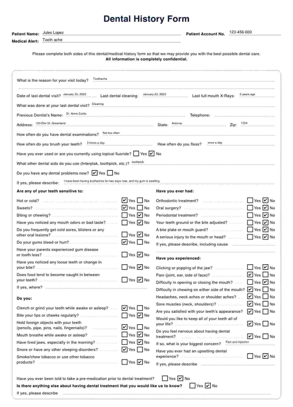 Dental Medical History Forms PDF Example