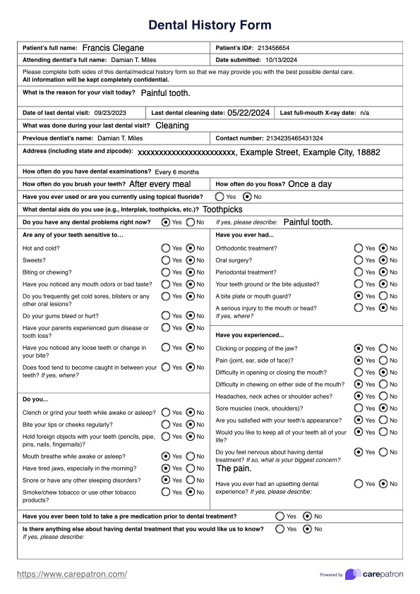 Dental Medical History Forms PDF Example