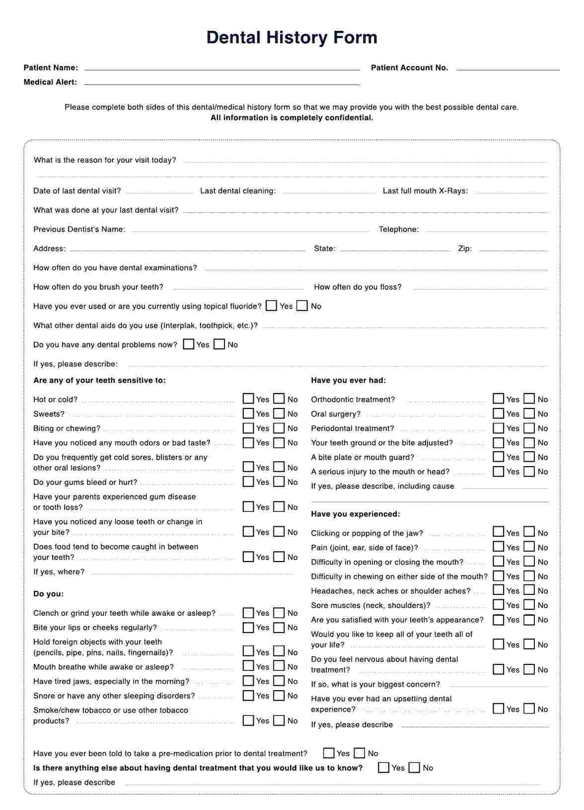 Dental Medical History Forms PDF Example