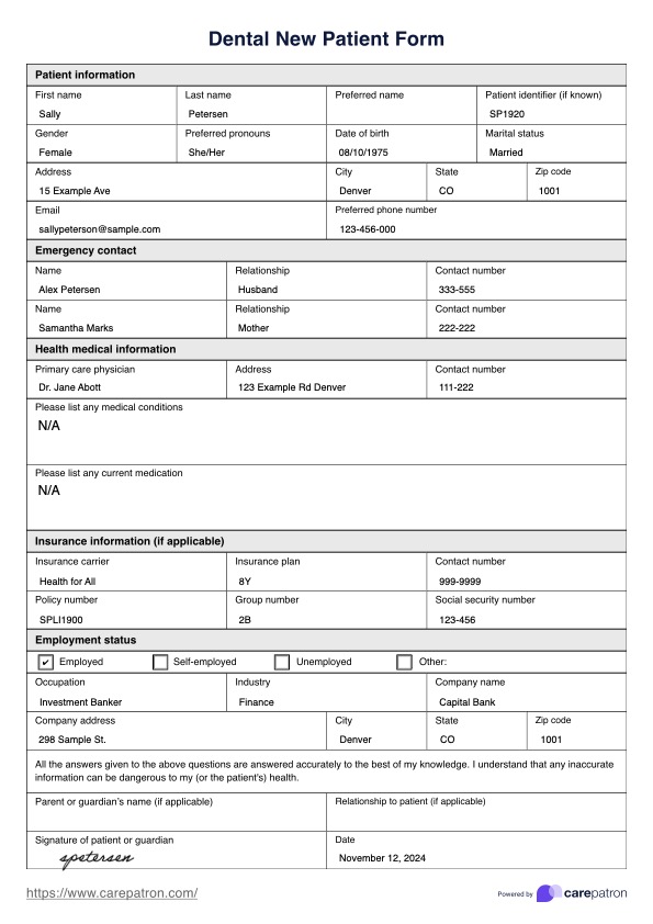 Formulario dental para nuevos pacientes PDF Example