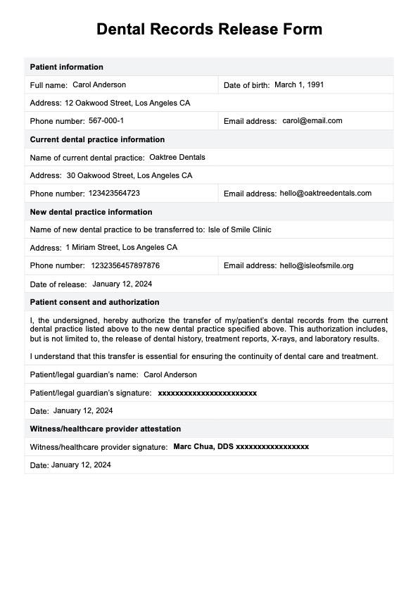 Dental Records Release Form PDF Example