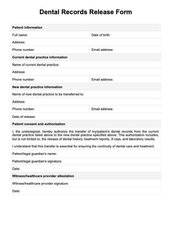 Dental Records Release Form PDF Example