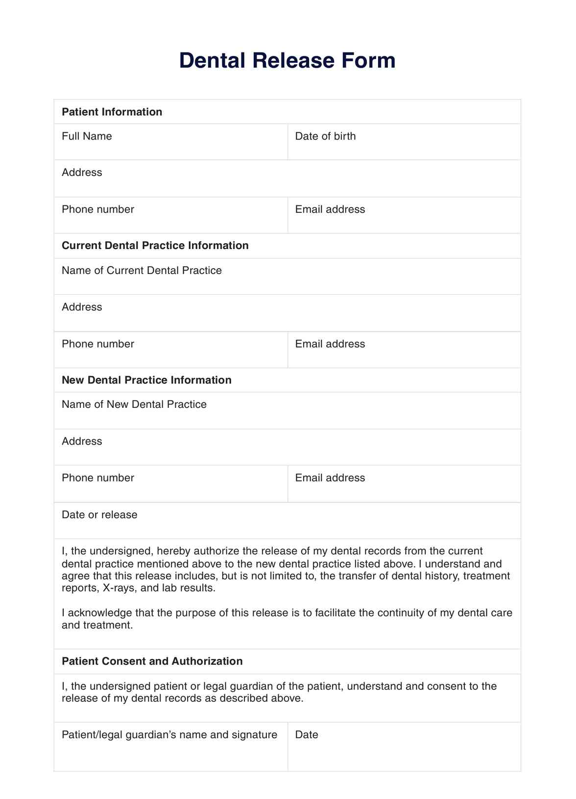 Dental Records Release Form PDF Example