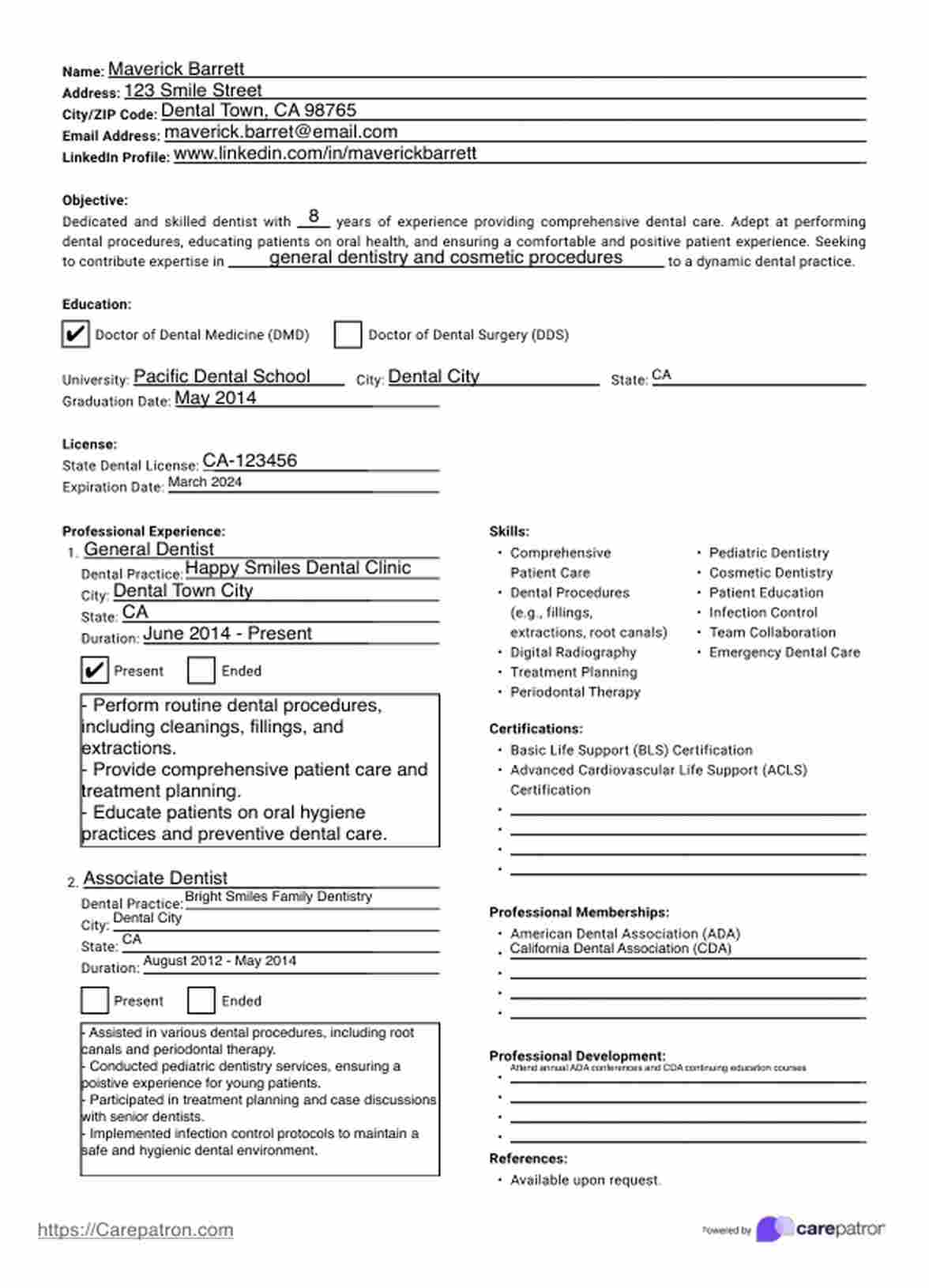 Dentist Resume Template PDF Example