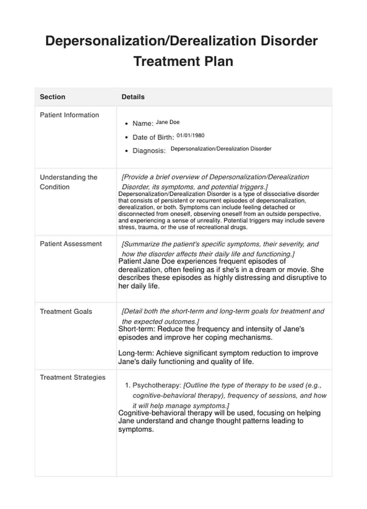 Depersonalization/Derealization Disorder Treatment Plan PDF Example