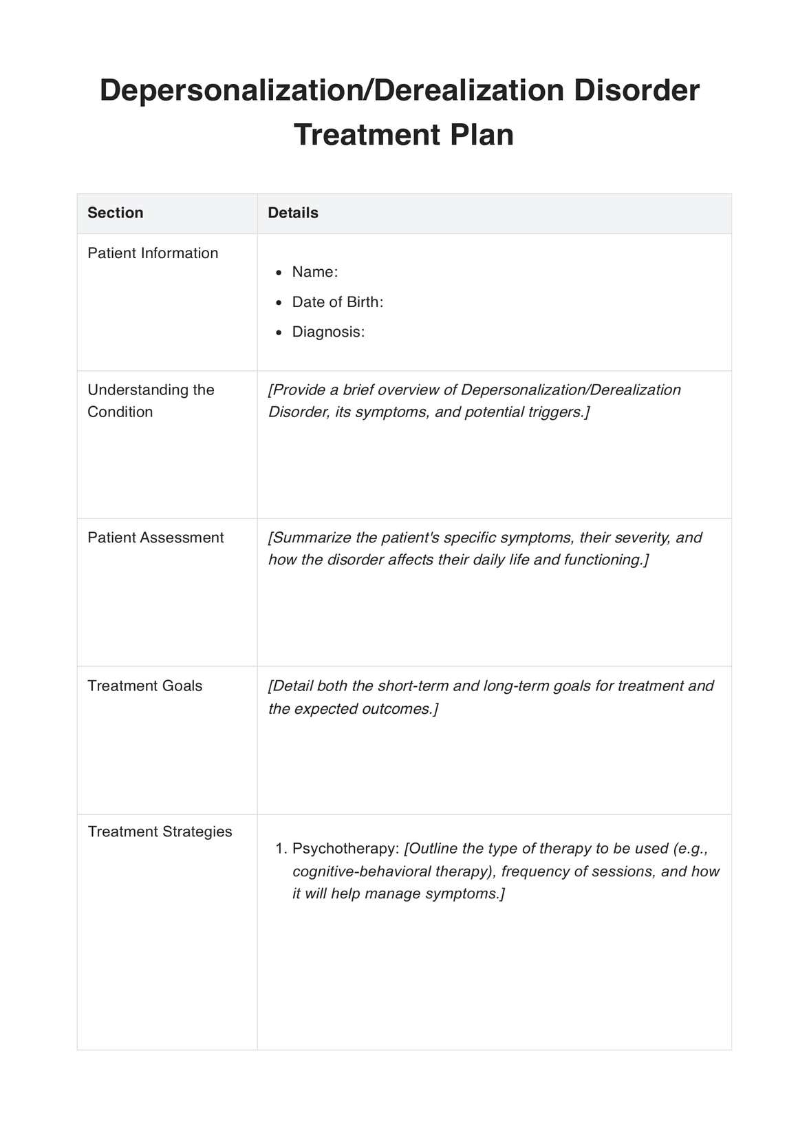Depersonalization/Derealization Disorder Treatment Plan PDF Example