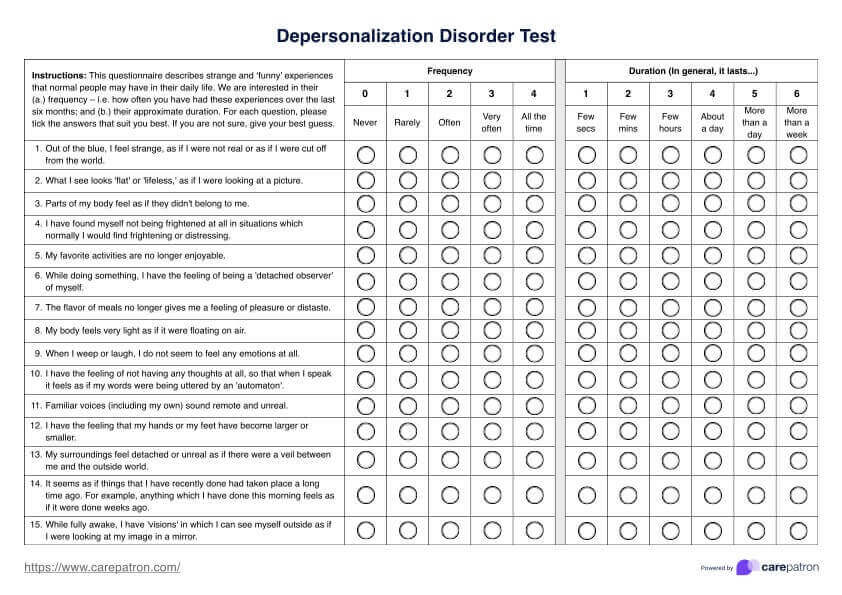 Depersonalization Disorder Test PDF Example