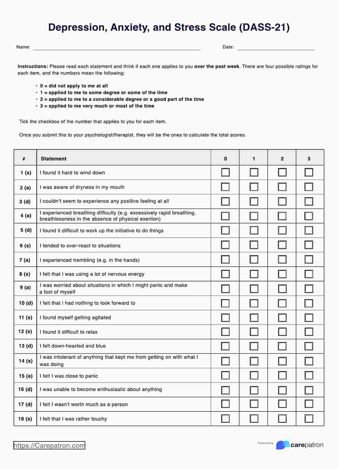 Depression Anxiety and Stress Scale (DASS-21) PDF Example