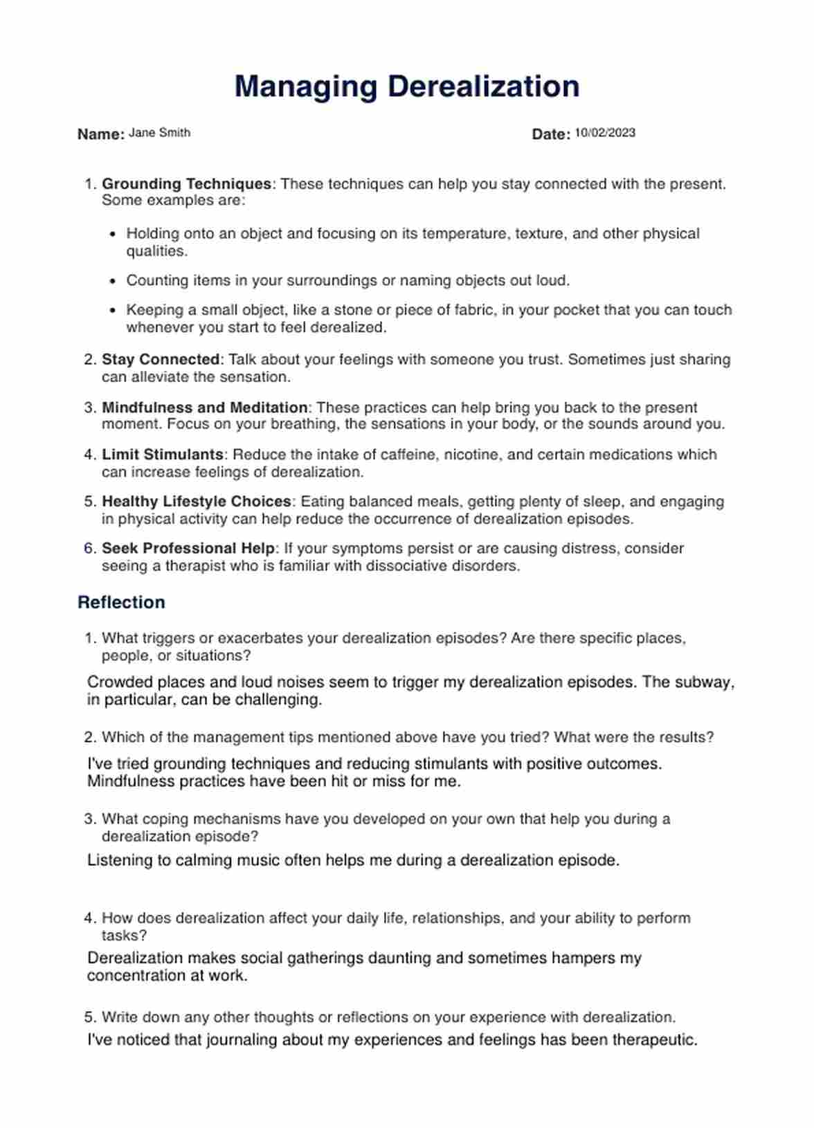 Describe Your Derealization Experiences PTSD Worksheet PDF Example