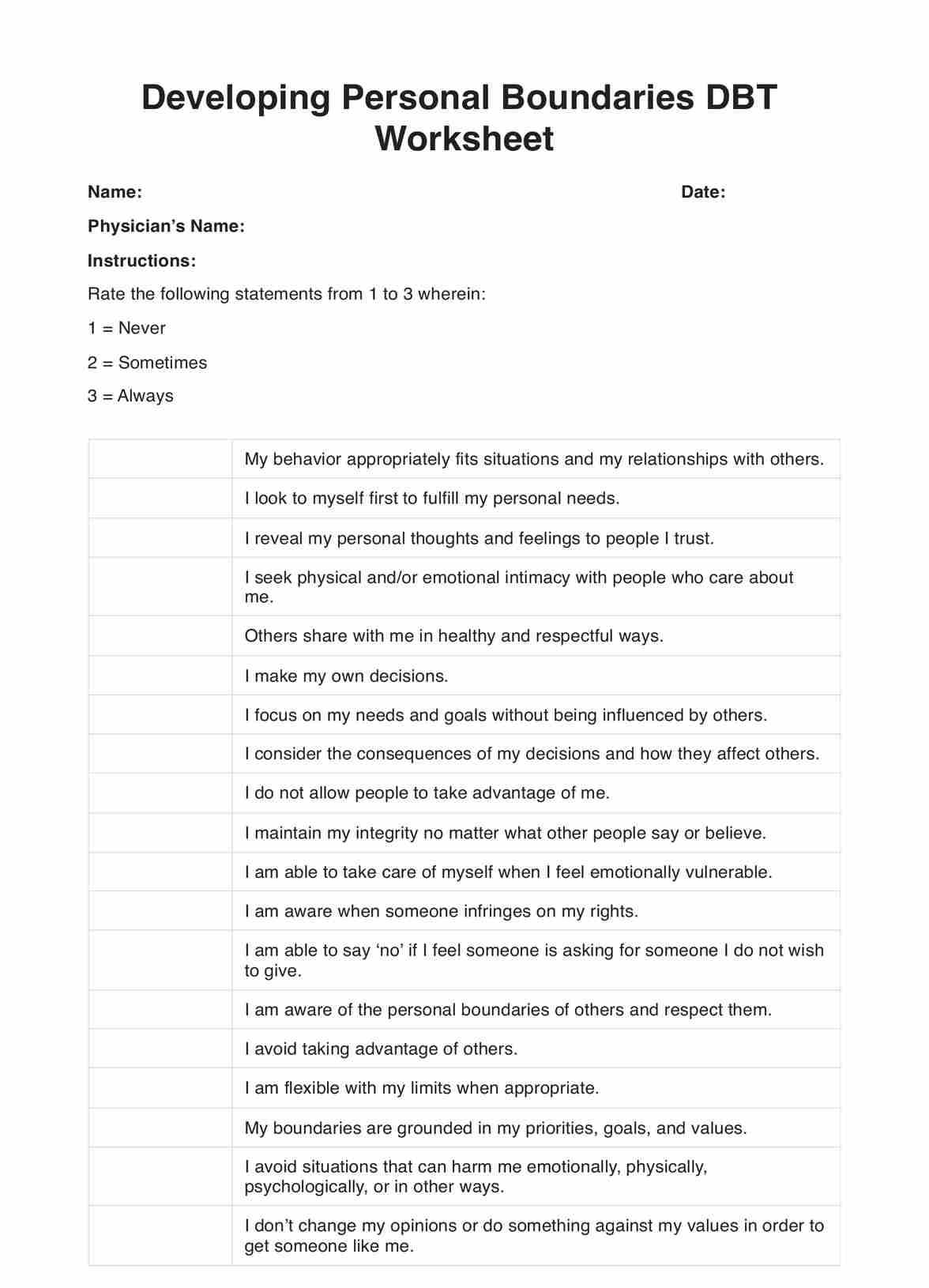 Developing Personal Boundaries DBT Worksheets PDF Example