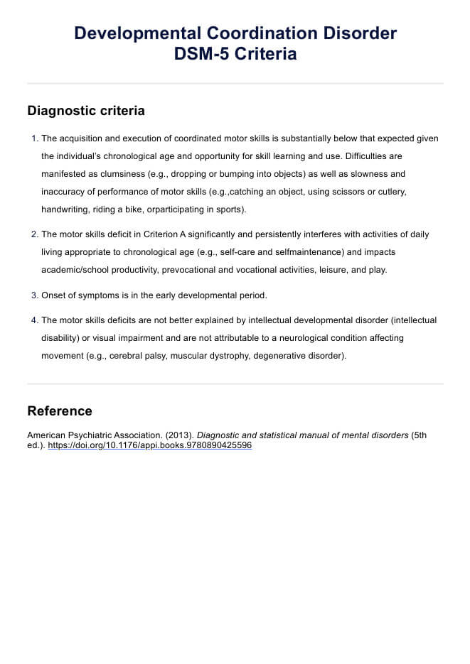 Developmental Coordination Disorder DSM-5 Criteria PDF Example