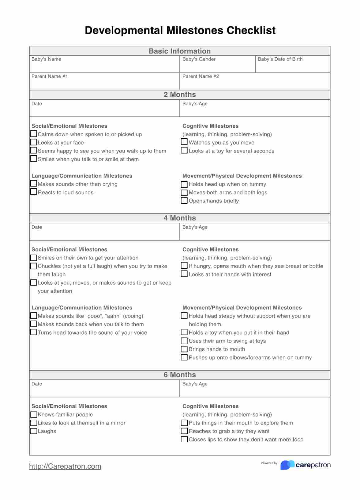 Developmental Milestones Checklist PDF Example