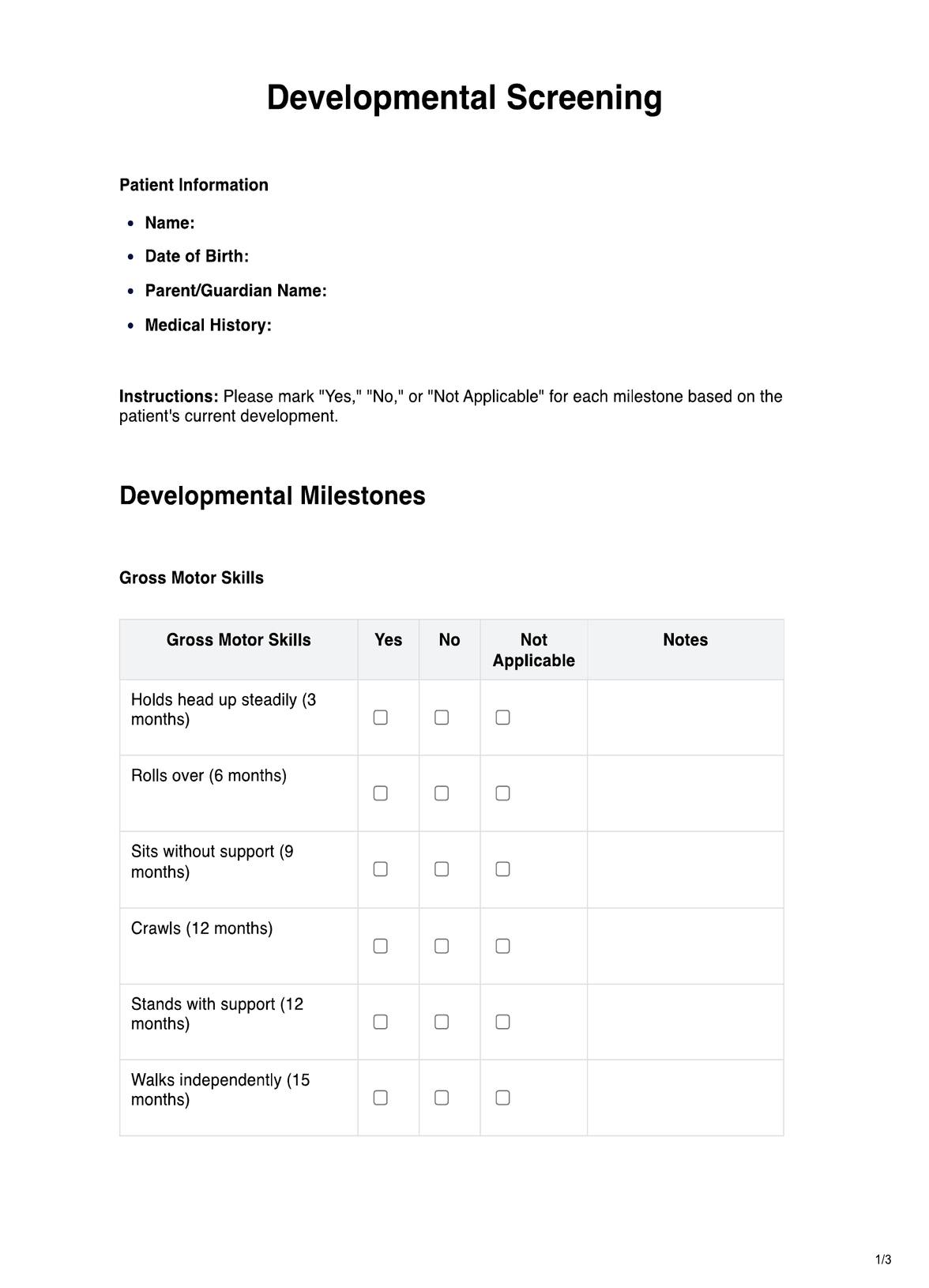Developmental Screening Tool PDF Example