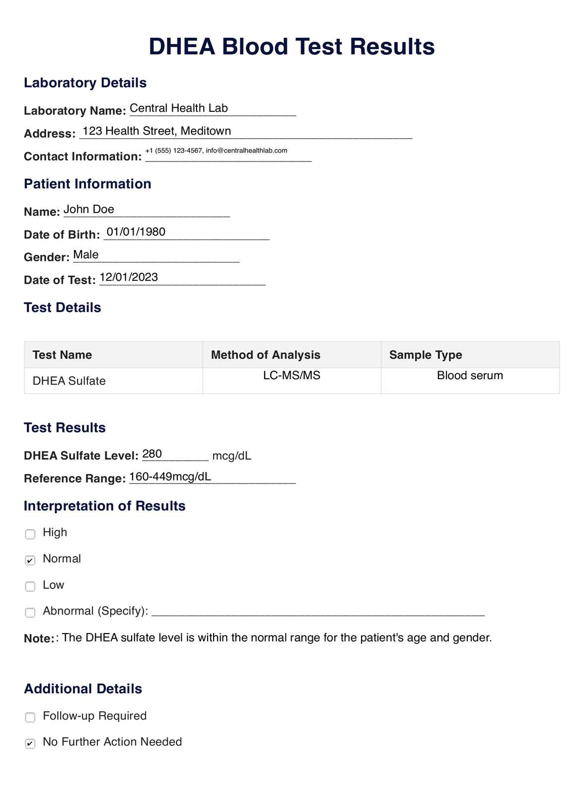 DHEAS blood test PDF Example