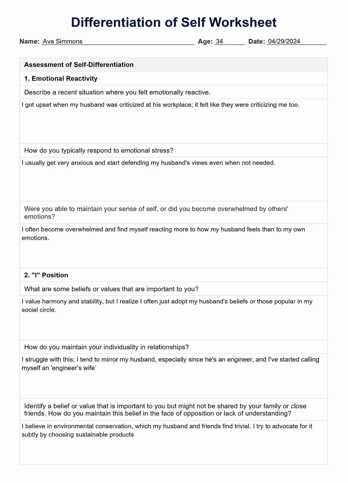 Differentiation of Self Worksheet PDF Example