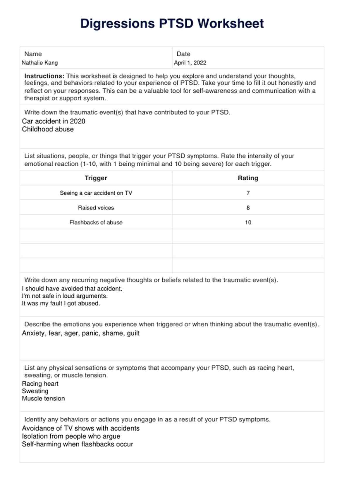 Digressions PTSD Worksheets PDF Example