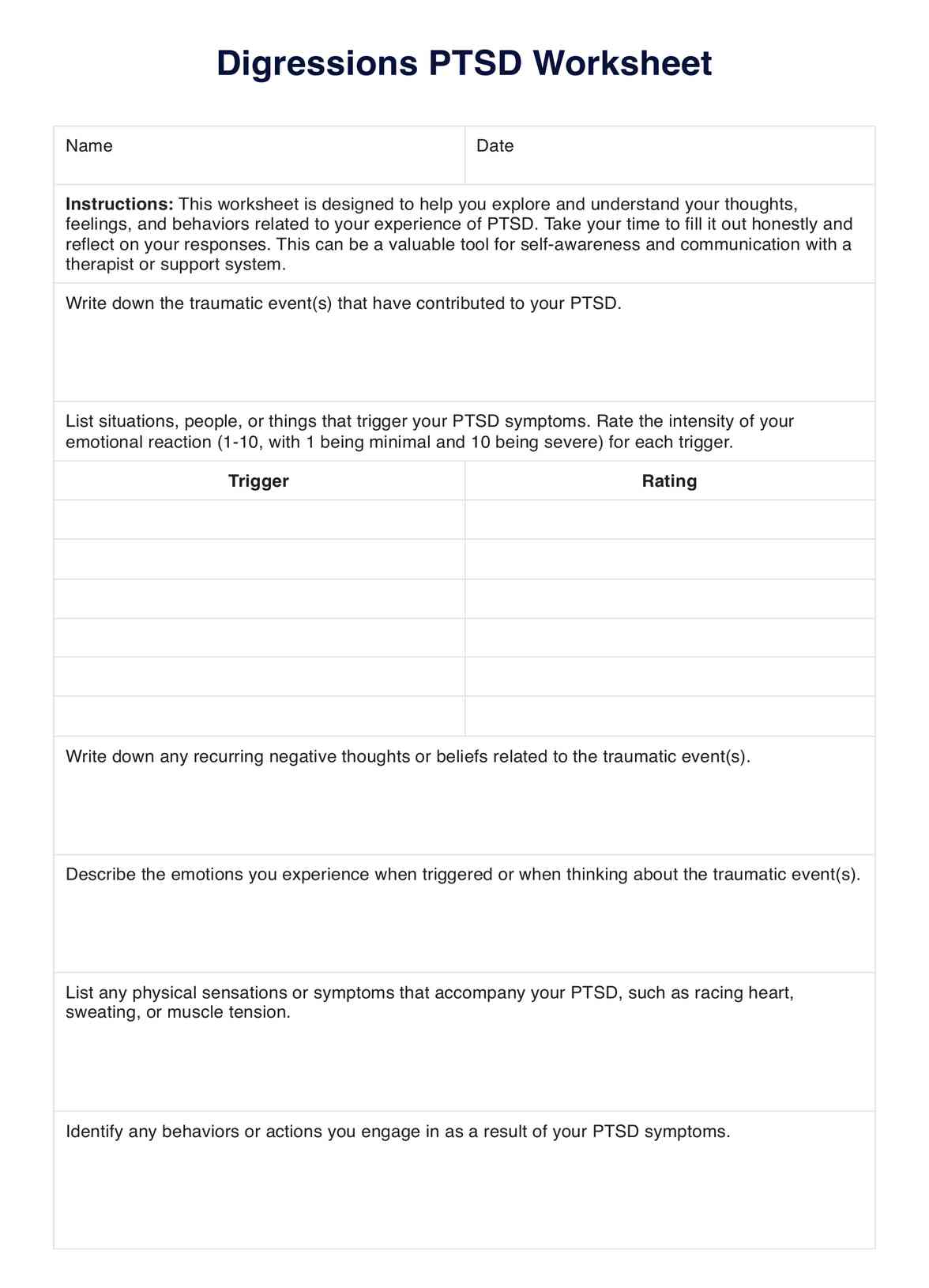Digressions PTSD Worksheets PDF Example