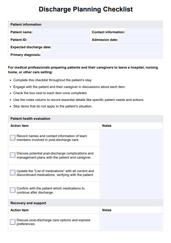 Checklist de planificación del alta de pacientes PDF Example