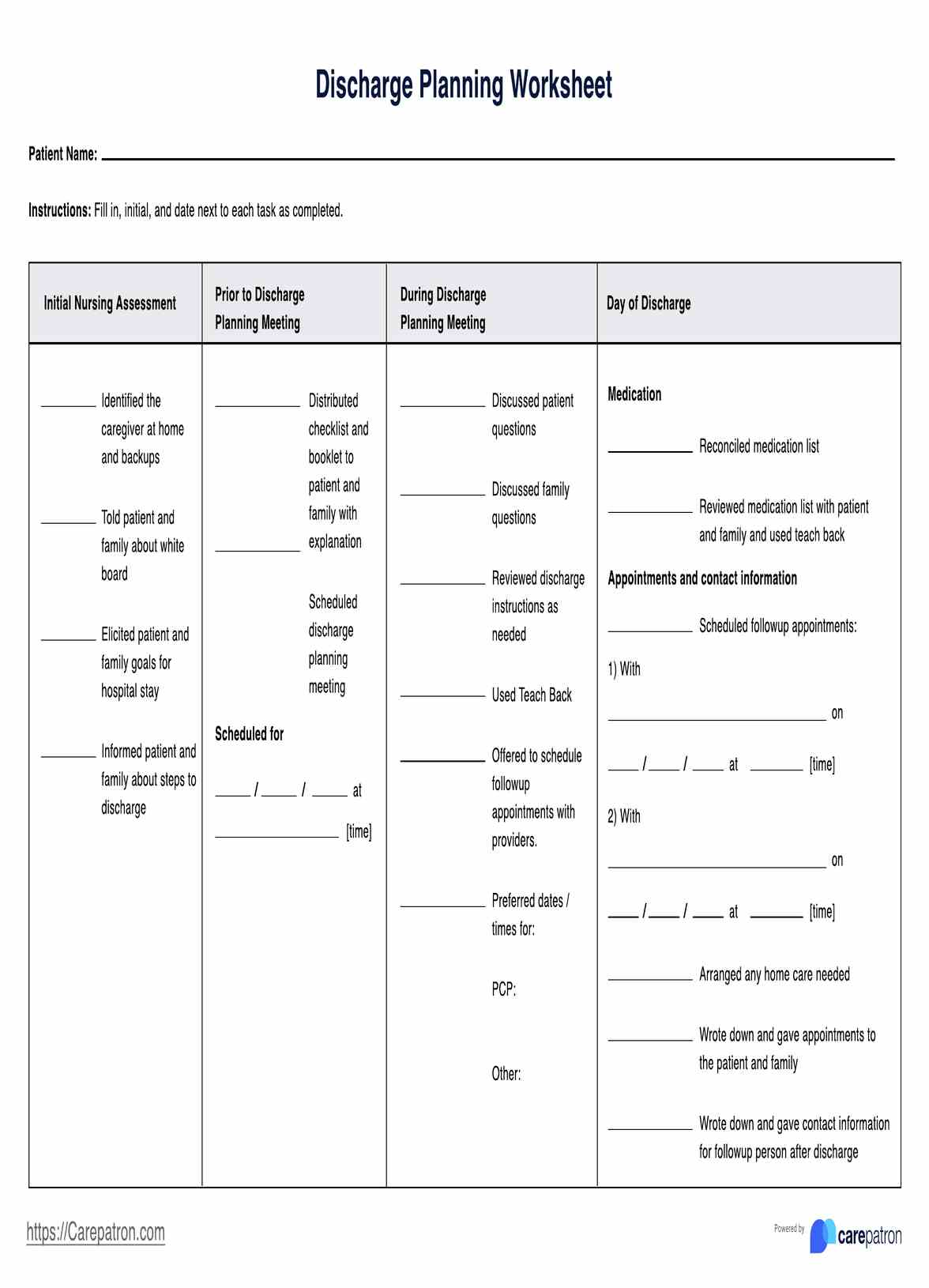 Discharge Planning Worksheets PDF Example