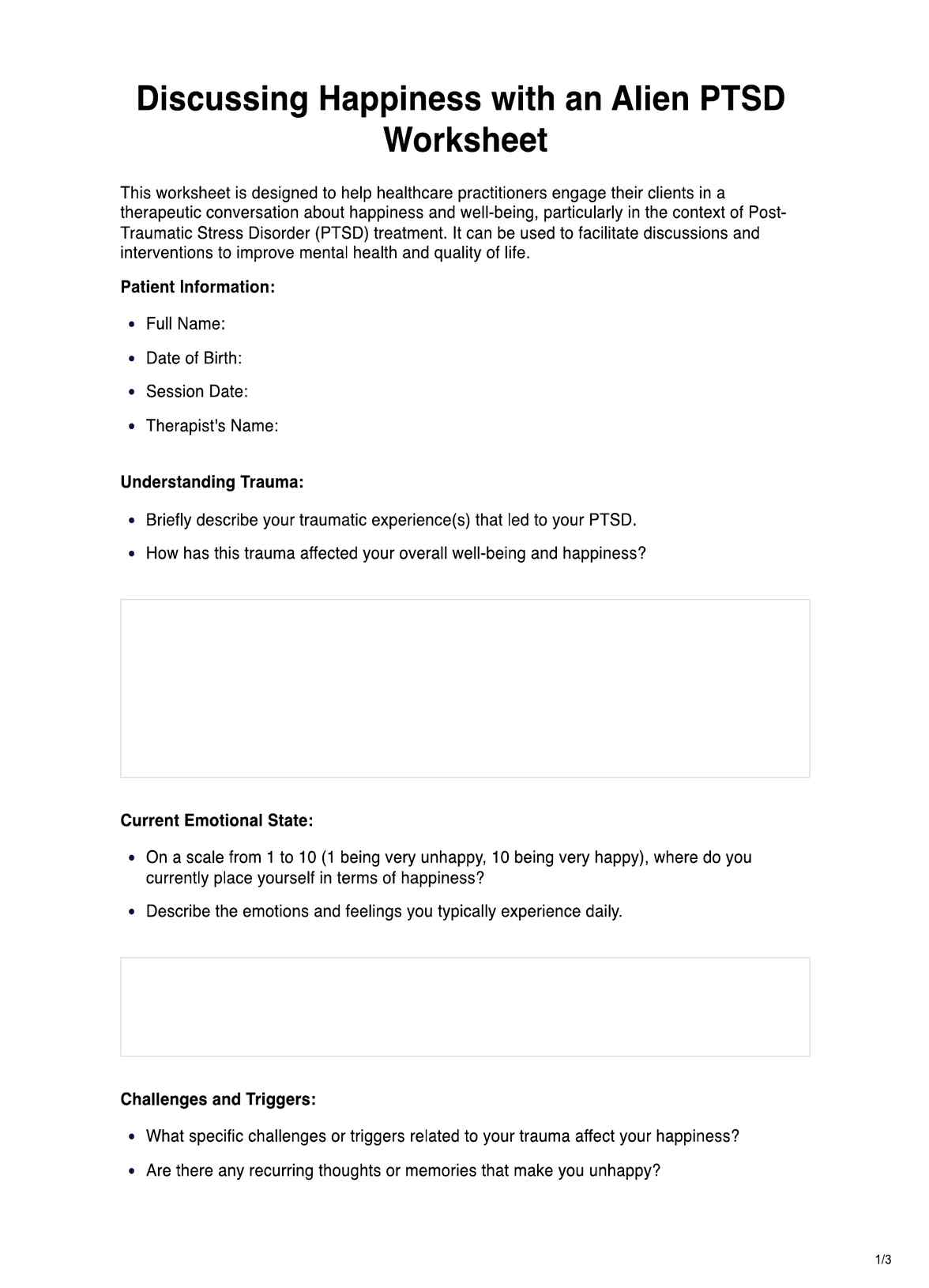 Discussing Happiness with an Alien PTSD Worksheet PDF Example