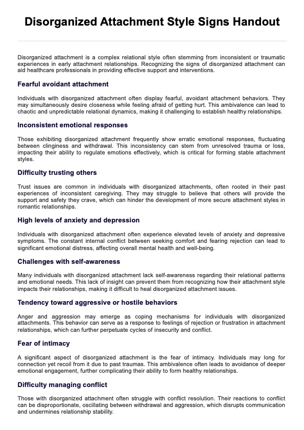 Disorganized Attachment Style Signs Handout PDF Example