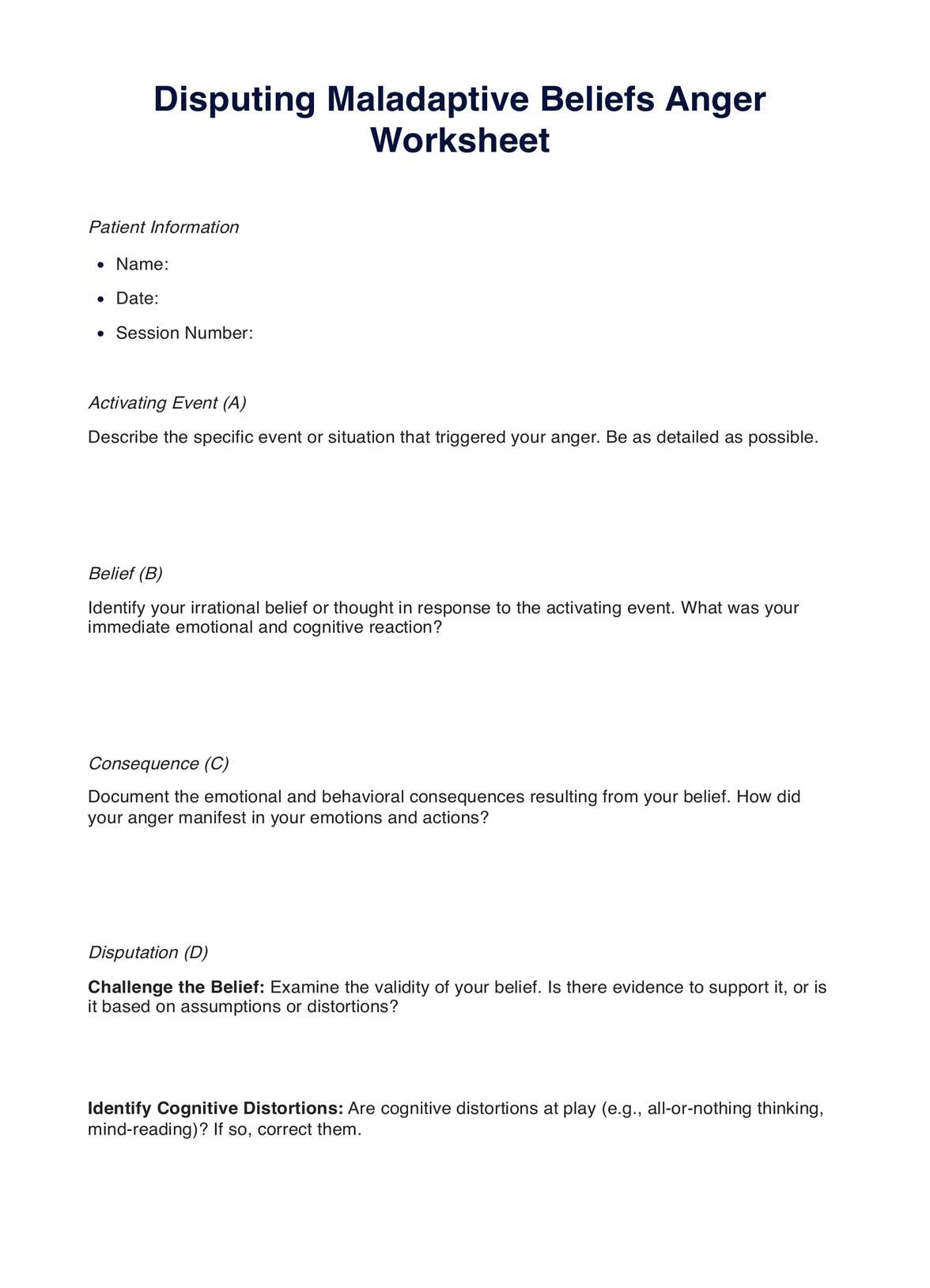 Disputing Maladaptive Beliefs Anger Worksheet PDF Example
