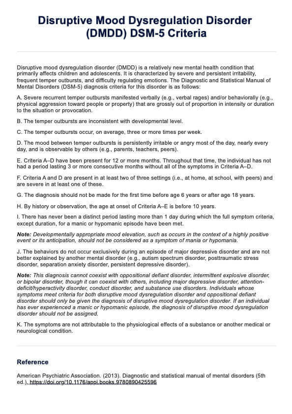 Disruptive Mood Dysregulation Disorder DSM-5 Criteria PDF Example
